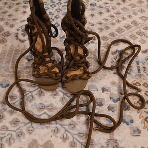 Elegant Olive Lace-Up Heels, Wild Pair Size 7.5